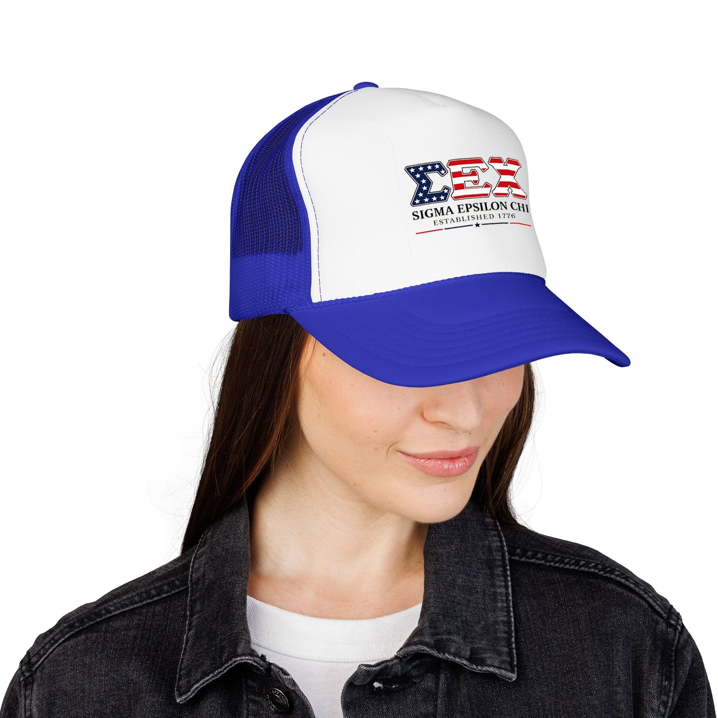 Sigma Epsilon Chi Patriotic Foam Trucker Hat — Established 1776