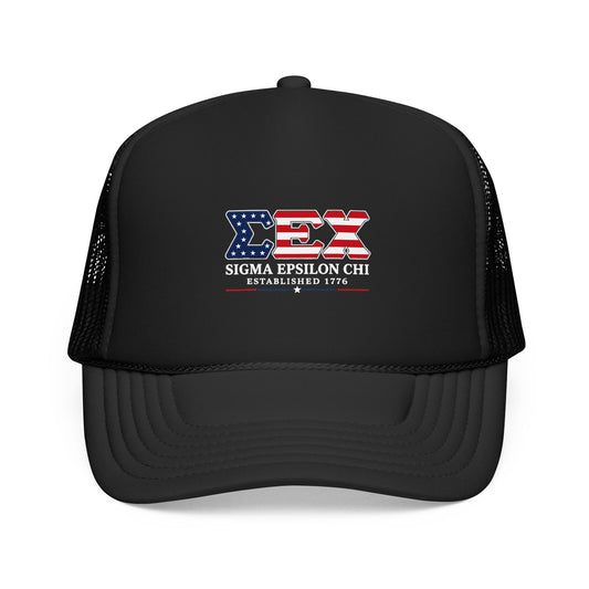 Sigma Epsilon Chi Patriotic Foam Trucker Hat — Established 1776