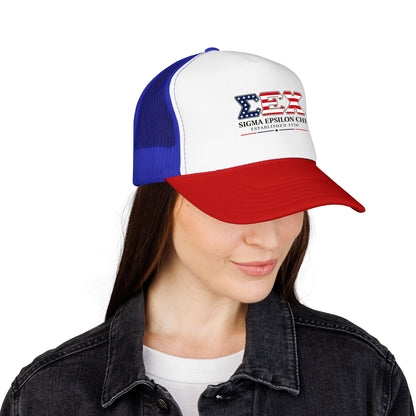 Sigma Epsilon Chi Patriotic Foam Trucker Hat — Established 1776
