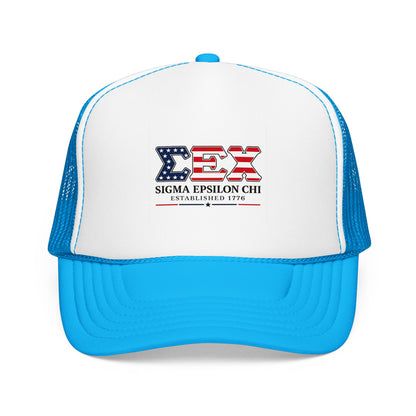 Sigma Epsilon Chi Patriotic Foam Trucker Hat — Established 1776