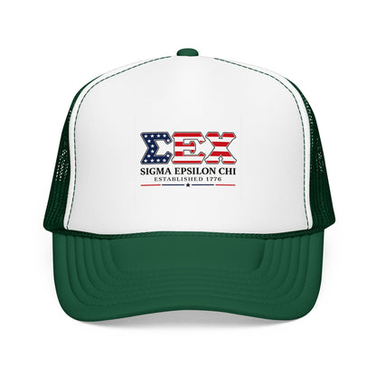 Sigma Epsilon Chi Patriotic Foam Trucker Hat — Established 1776