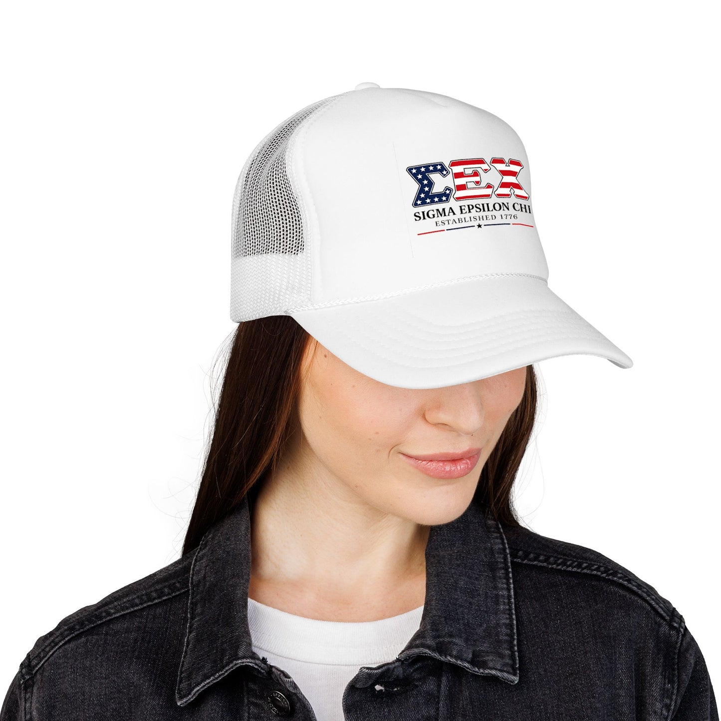 Sigma Epsilon Chi Patriotic Foam Trucker Hat — Established 1776
