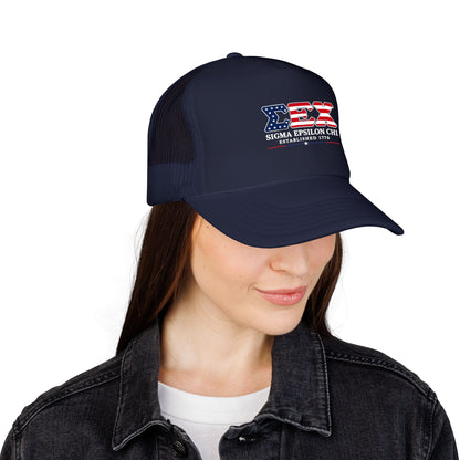 Sigma Epsilon Chi Patriotic Foam Trucker Hat — Established 1776