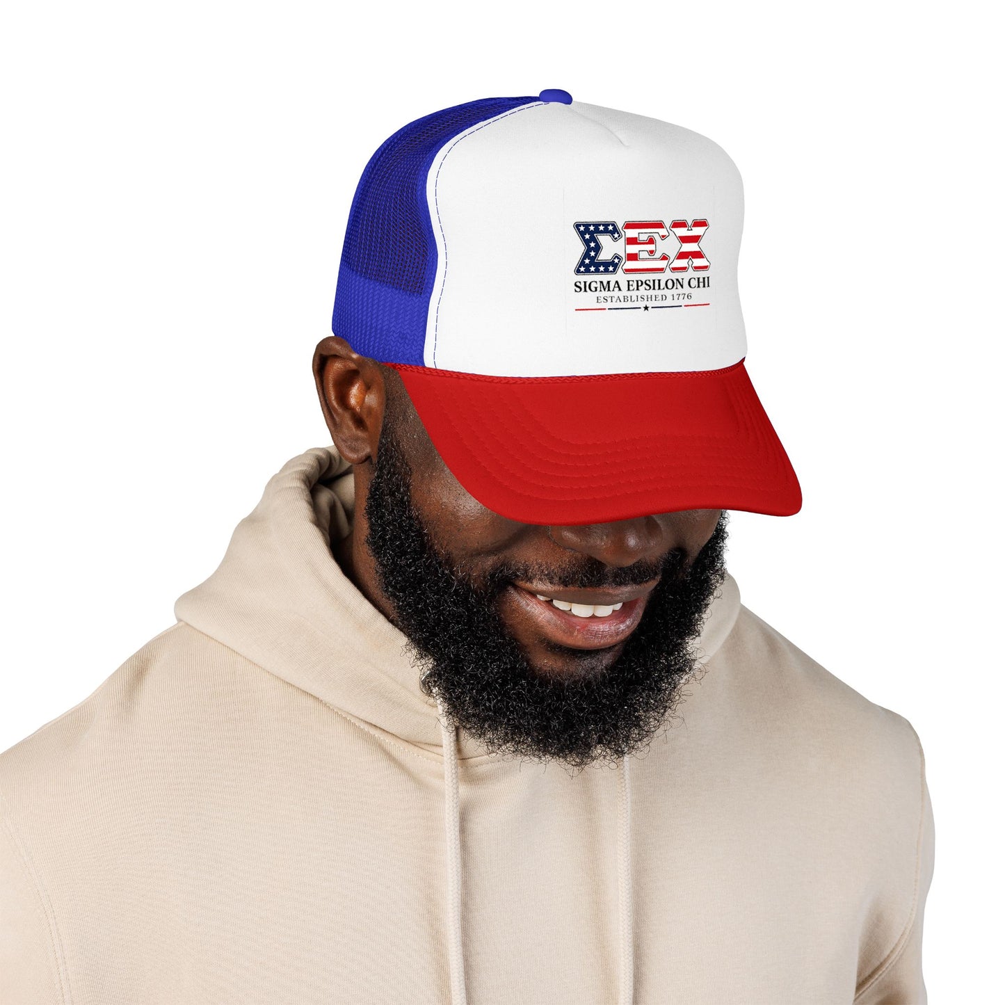 Sigma Epsilon Chi Patriotic Foam Trucker Hat — Established 1776