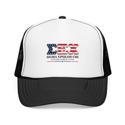 Sigma Epsilon Chi Patriotic Foam Trucker Hat — Established 1776