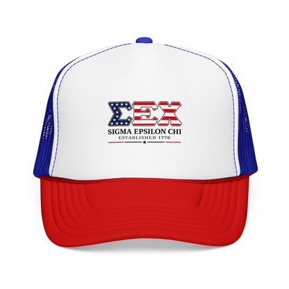 Sigma Epsilon Chi Patriotic Foam Trucker Hat — Established 1776
