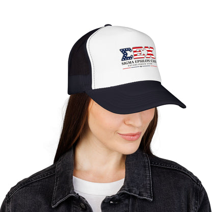 Sigma Epsilon Chi Patriotic Foam Trucker Hat — Established 1776