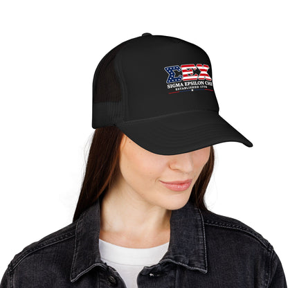 Sigma Epsilon Chi Patriotic Foam Trucker Hat — Established 1776