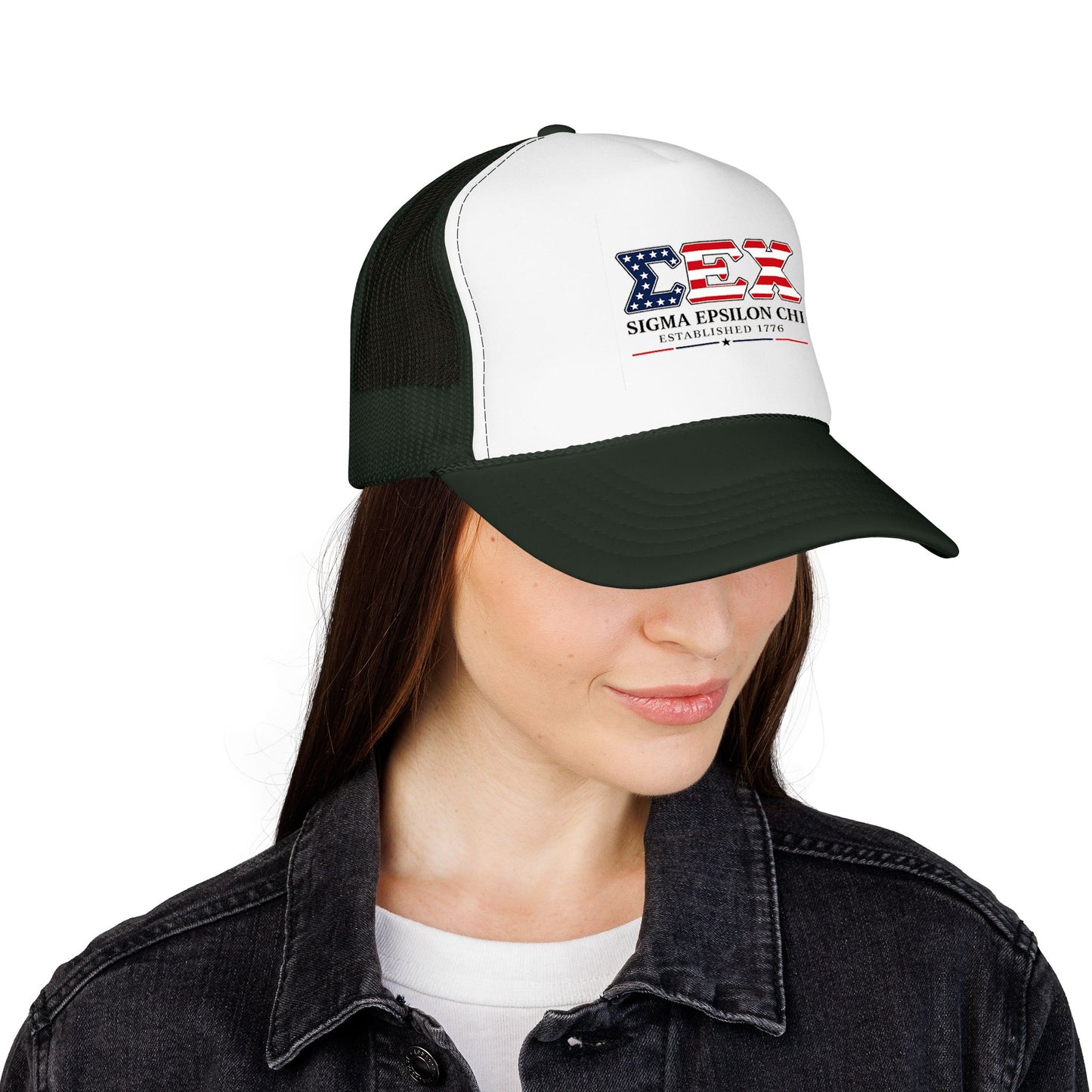 Sigma Epsilon Chi Patriotic Foam Trucker Hat — Established 1776