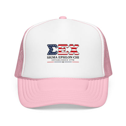 Sigma Epsilon Chi Patriotic Foam Trucker Hat — Established 1776