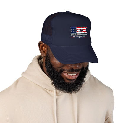 Sigma Epsilon Chi Patriotic Foam Trucker Hat — Established 1776