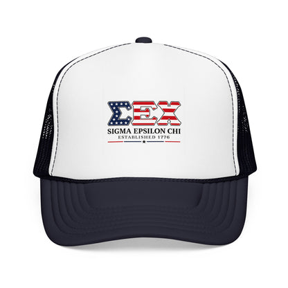Sigma Epsilon Chi Patriotic Foam Trucker Hat — Established 1776