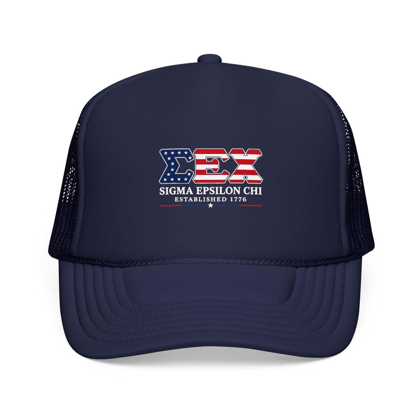 Sigma Epsilon Chi Patriotic Foam Trucker Hat — Established 1776
