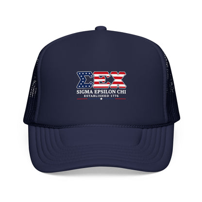 Sigma Epsilon Chi Patriotic Foam Trucker Hat — Established 1776