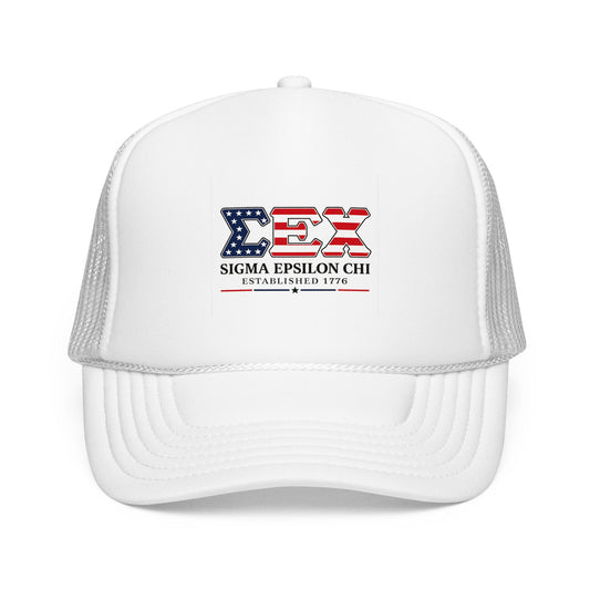 Sigma Epsilon Chi Patriotic Foam Trucker Hat — Established 1776